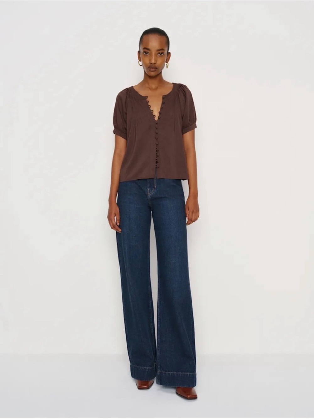 Reformation Galia Top in Brown Button-Front Puff Sleeve